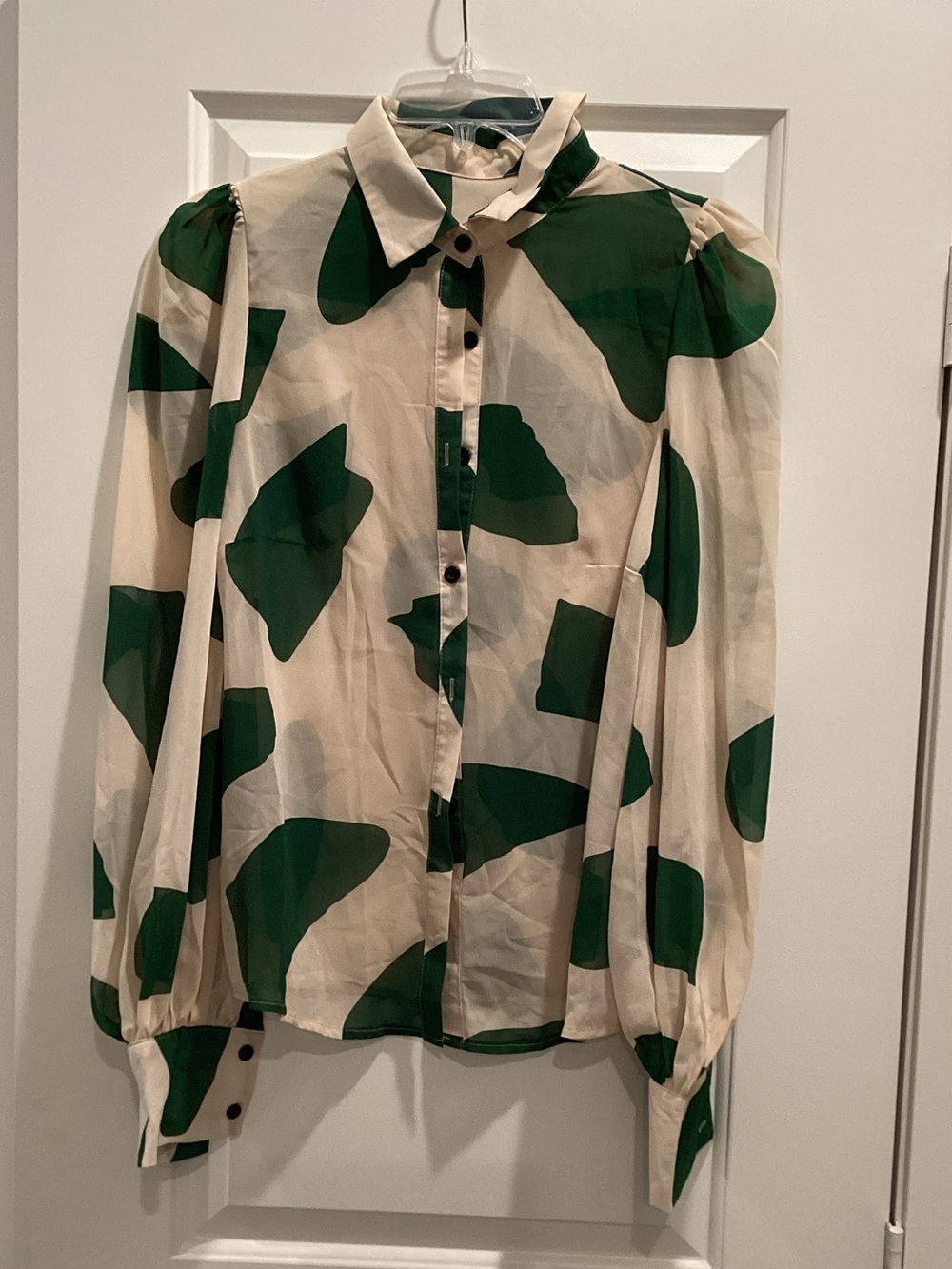 SHEIN Green and Cream Abstract Print Button-Down Blouse